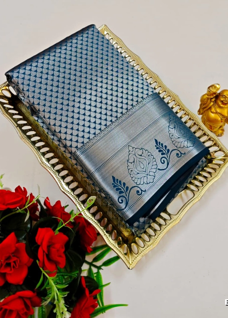 Bridal silk gold silvar and copper zari weave and wedding art silk sarees - blue